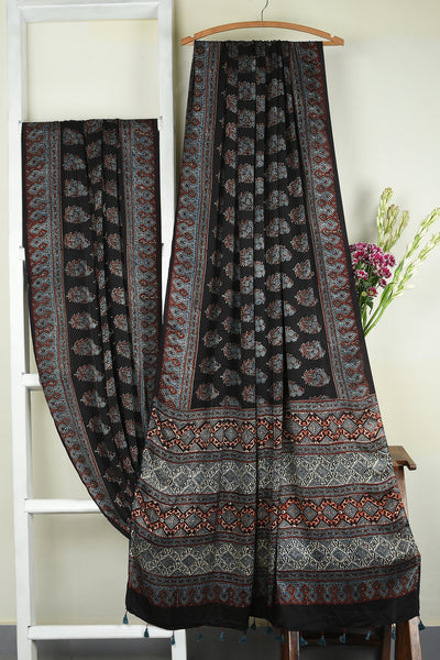 ajrakh modal silk sarees - bouquet of midnight hues