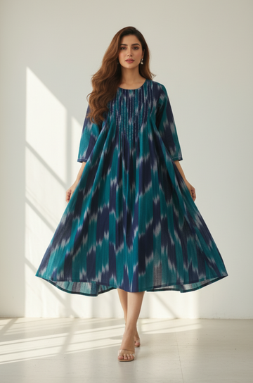 Teal Dusk Cotton Ikat Pintuck Long Dress