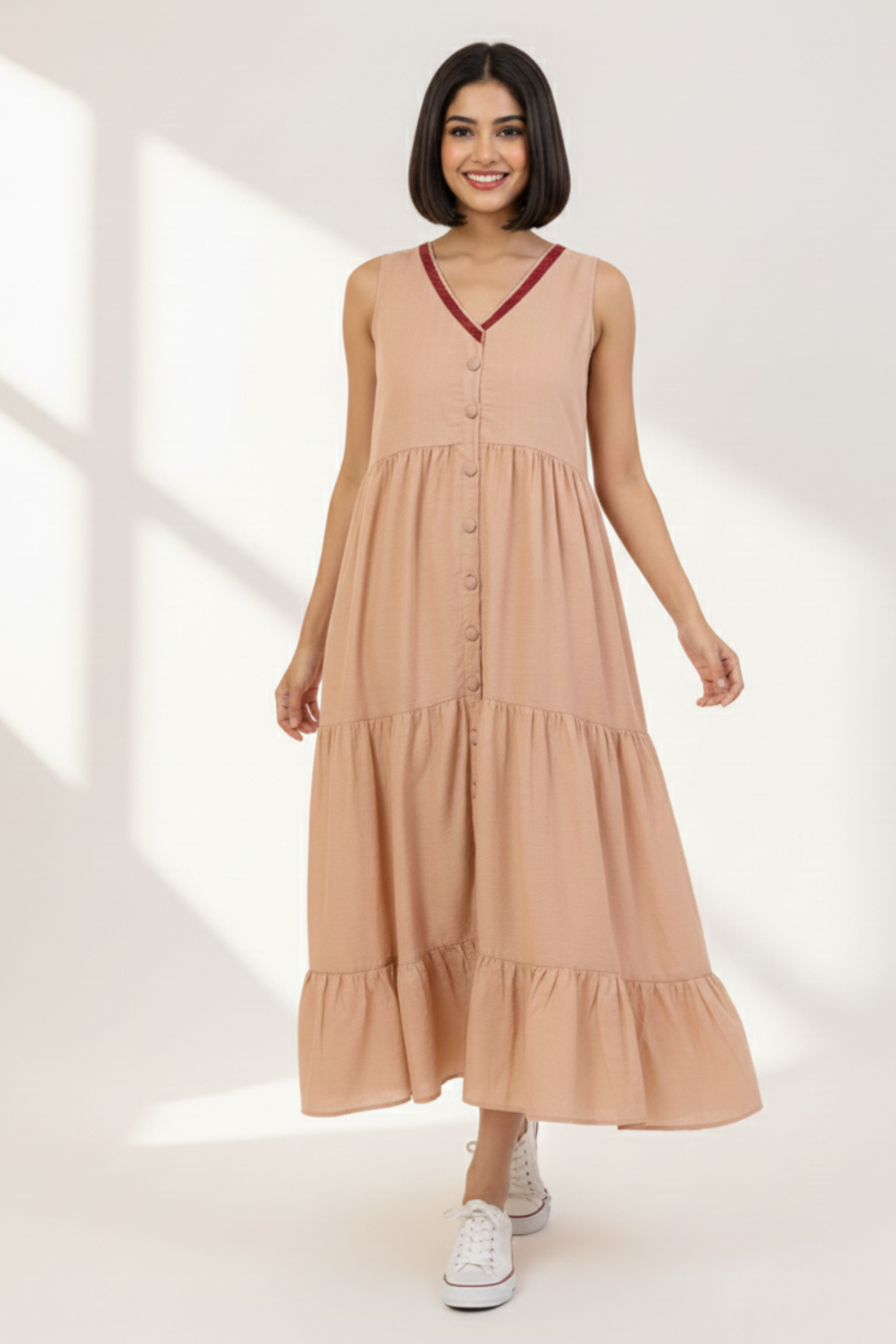 Serene Sandstone Sleeveless Ruffle Long Dress