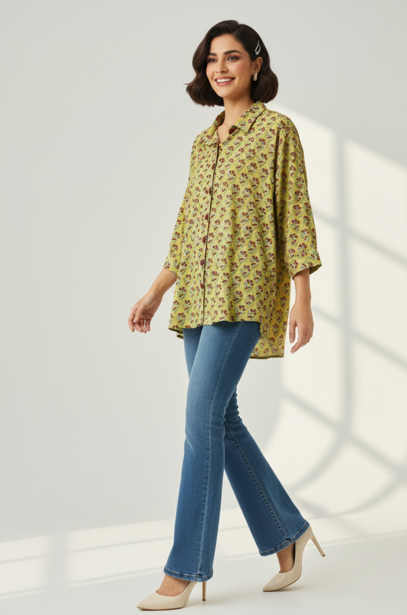 Mint Blossom Handblock Printed  Everyday Cotton Shirt