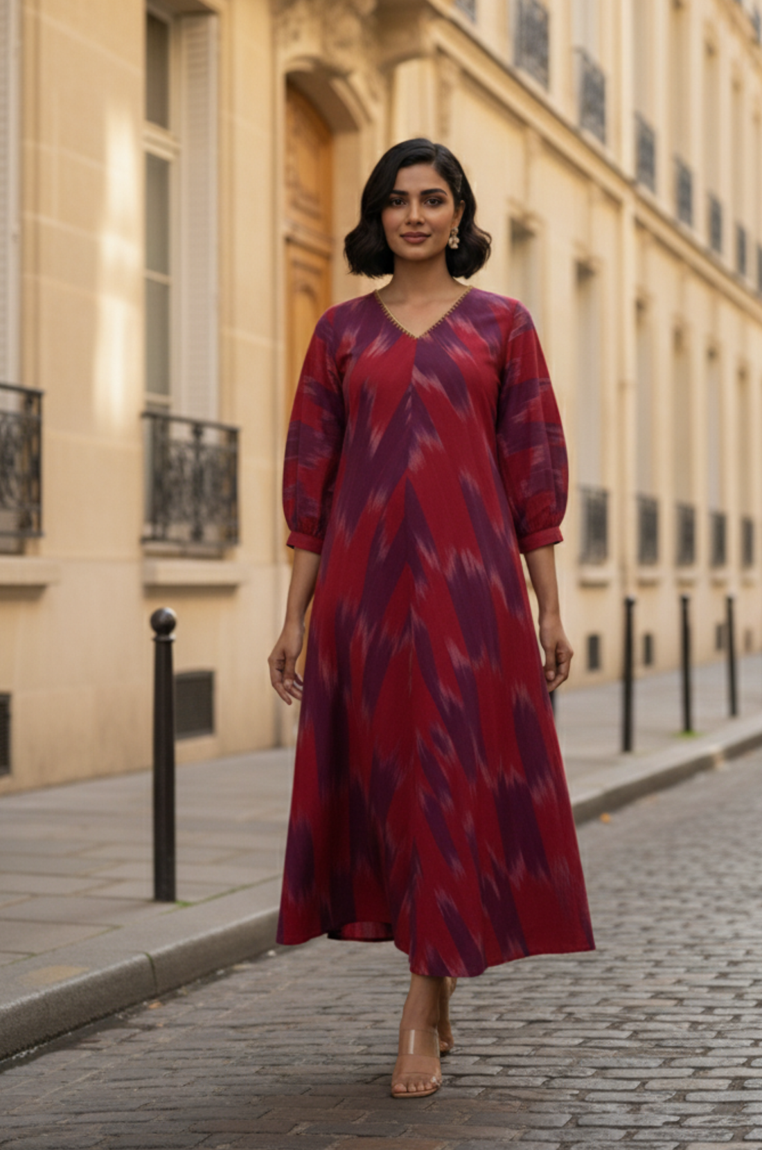 Amethyst Flame V-Neck Midi Dress with Elevated Sleeves