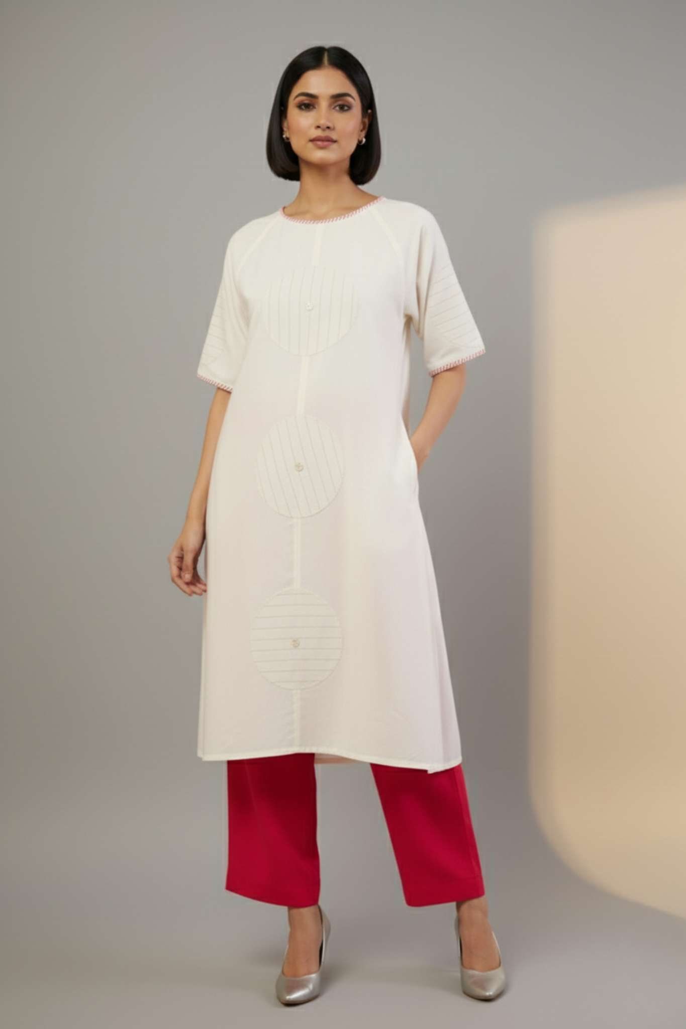 raglan sleeve silk tunic kurta with pockets - ivory mirage & golden halo