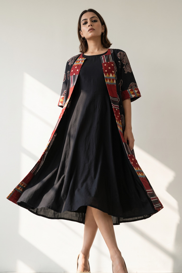 Midnight Floral Dream Long Jacket With Pockets