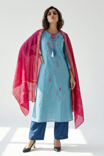 Whispers of Pine Blue Silk Silk Slub Long Kurta with Slit