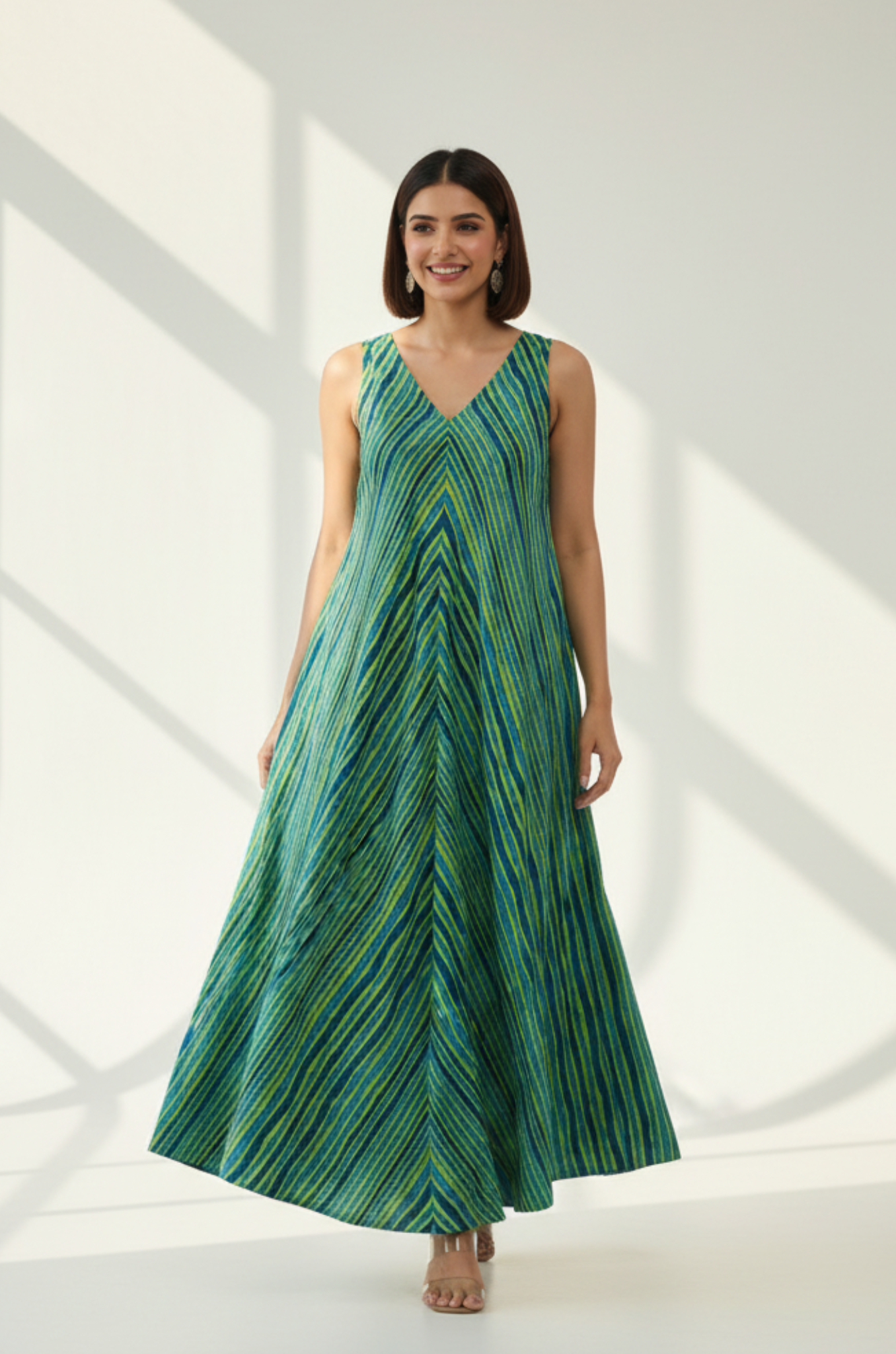 Emerald Wave Sleeveless Strap Satin Cotton Flared Bias Dress