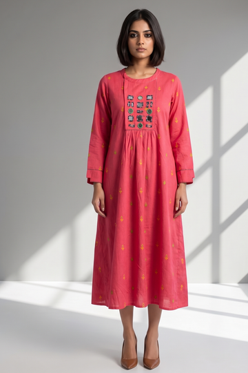 Pink Jewel Butti Zen Yoke Gather Cotton Kurta