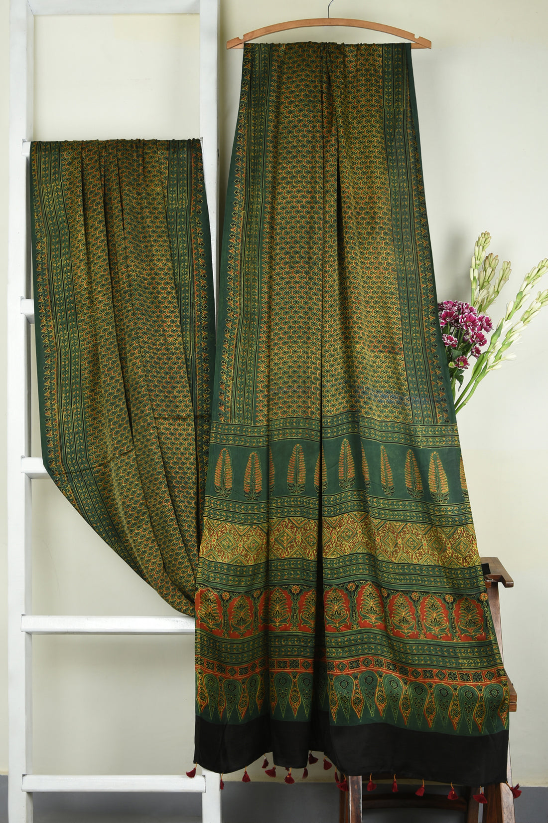 ajrakh modal silk sarees - mossy garden & floral serenade