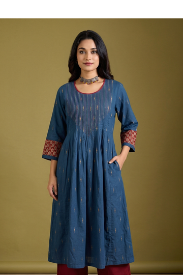 Blue Saffron Butti Pintuck Yoke & Sleeve Kalidar Kurta