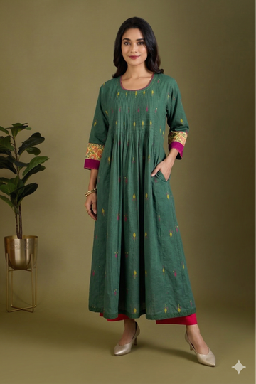 Green Cardamom Butti Pintuck Yoke & Sleeve Kalidar Kurta