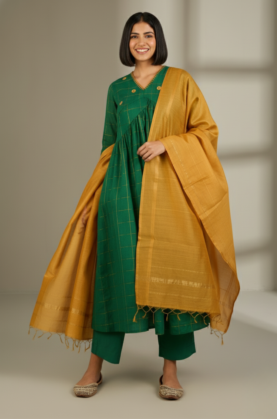 Emerald Checks  & Gold V-Neck Gather Anarkali