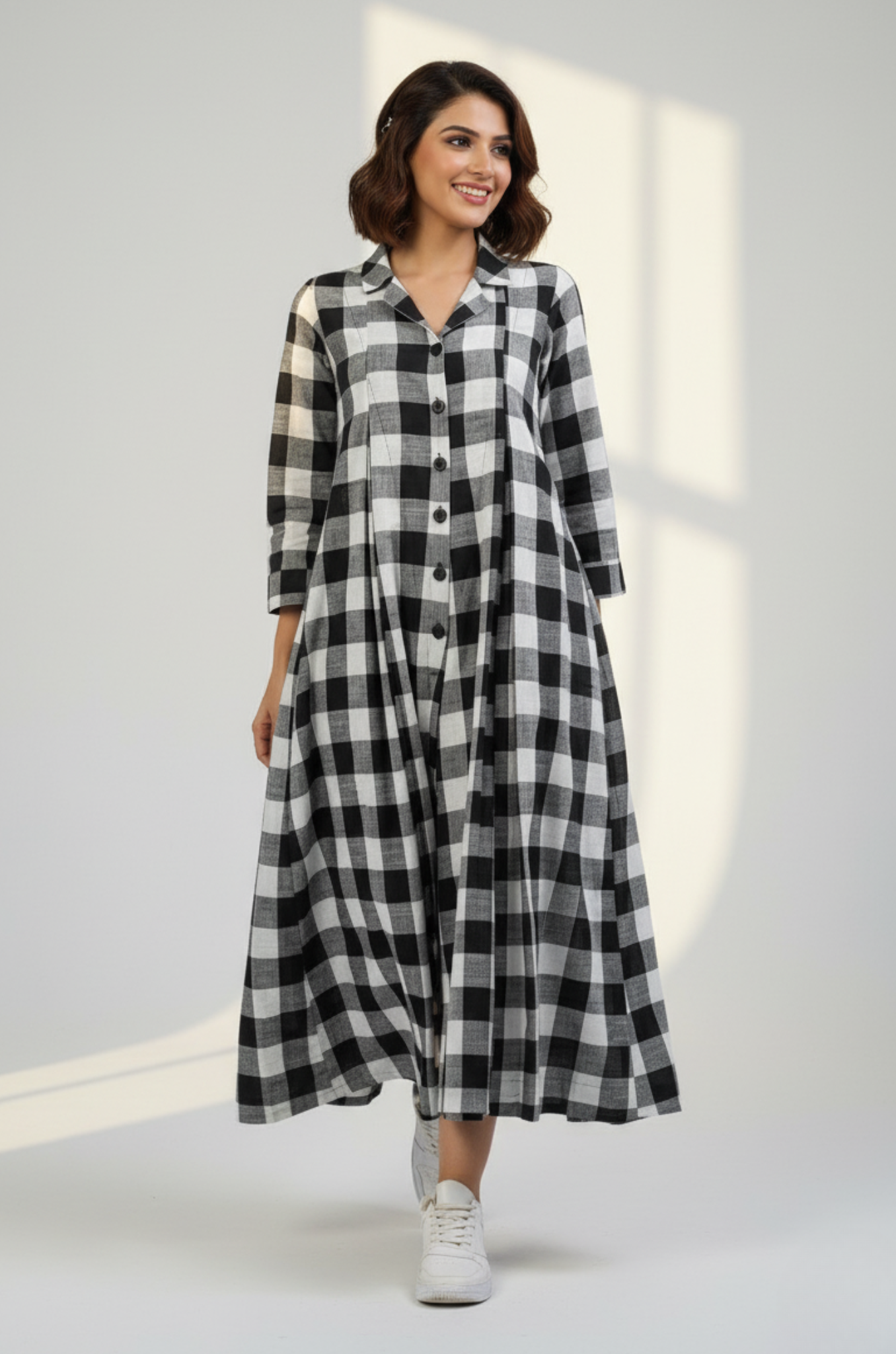 Chessboard Charm Cotton Jumpsuit with Pockets & Collar