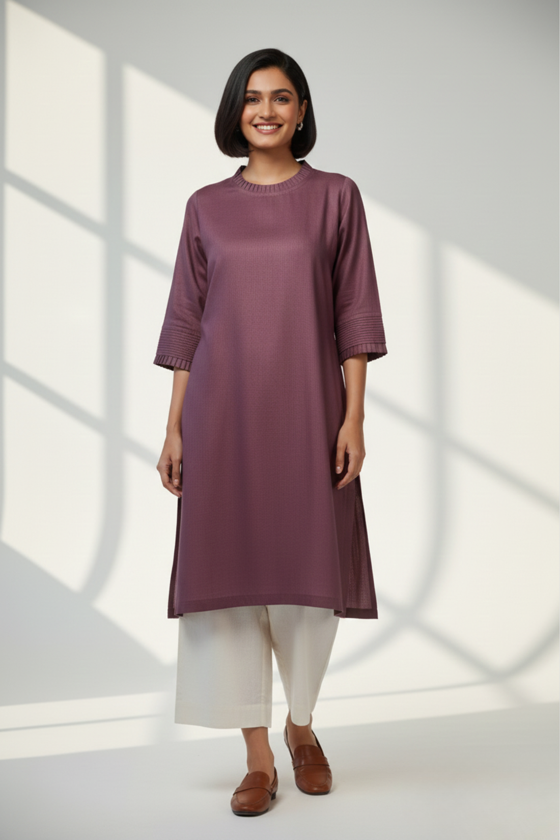 silk pleated low slit kurta with pockets & sleeve details - subtle mauve & champagne gold