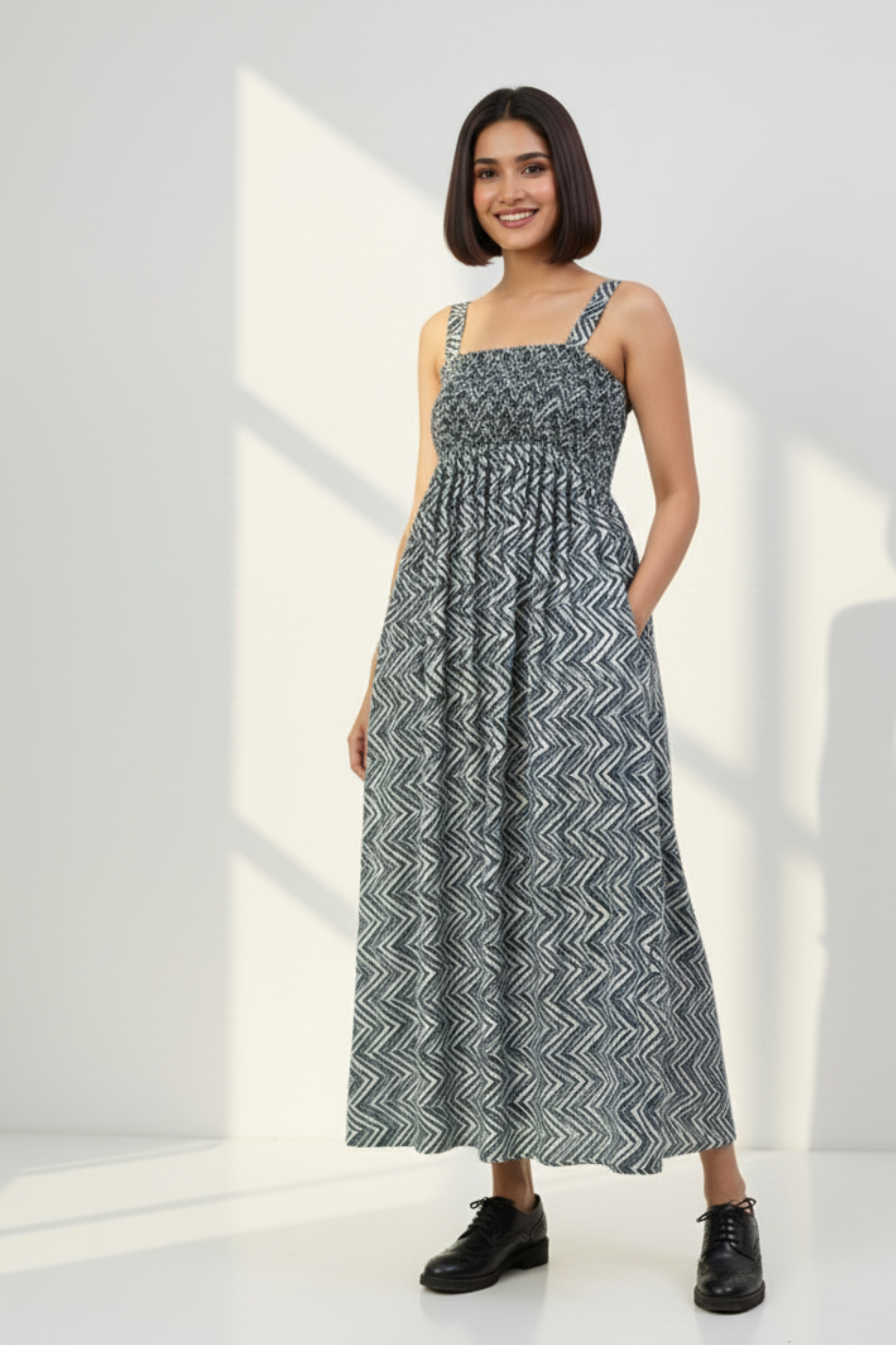 Silver Chevron Satin Cotton Strap Jumpsuit with Pockets