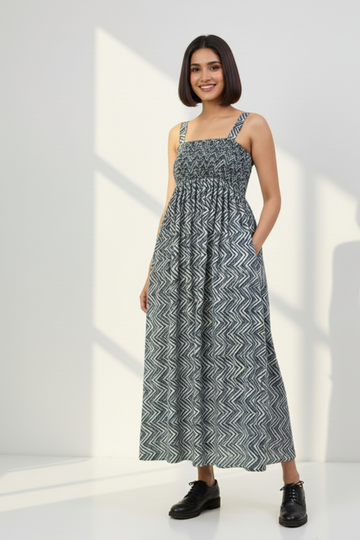 Silver Chevron Satin Cotton Strap Jumpsuit with Pockets