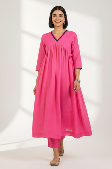 Gulabi Grid & Gold V-Neck Gather Anarkali