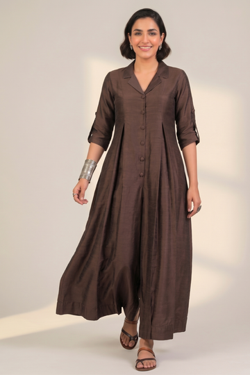 Coffee Bean Silk Slub Jumpsuit with Pockets & Collar