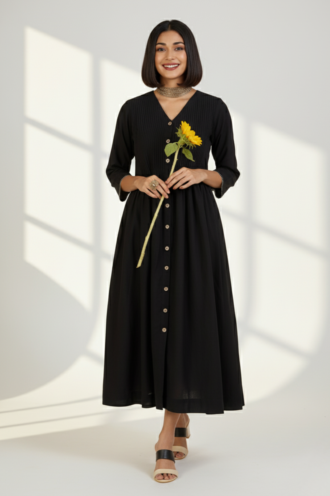 Ebony with Beige Whisper V-neck Infinity Pintuck Dress