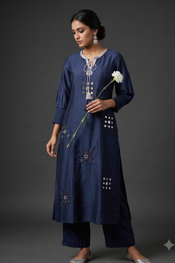 Reflections at Midnight Blue Silk Slub Kurta