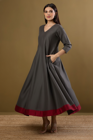 Garnet Grey Luxe Silk Slub Long Maxi Dress with Sleeves