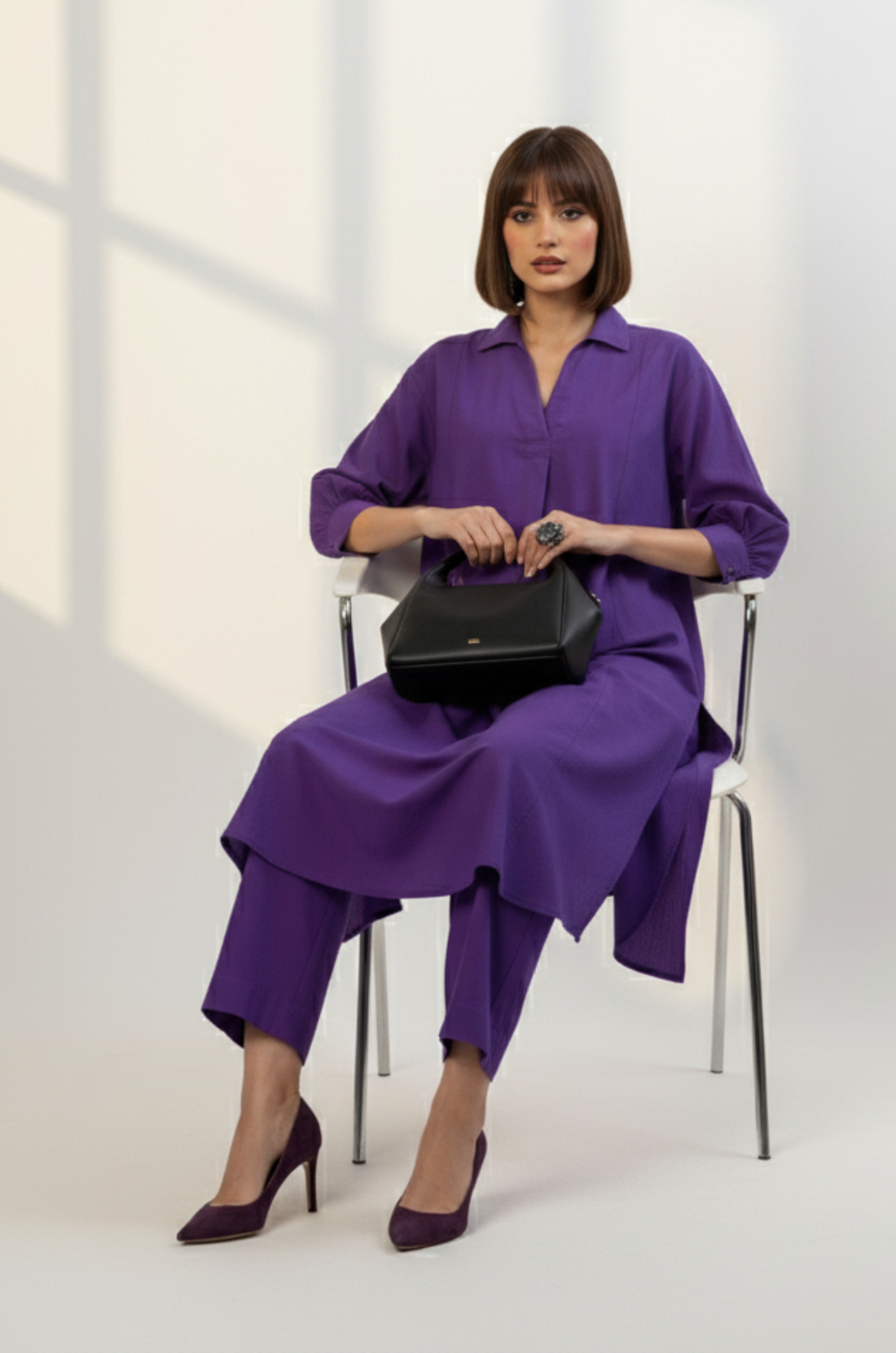 Co-ord Set Kurta and Pants - Violet Orchid Glow Cotton Collar Box Pleat Kurta & Pants