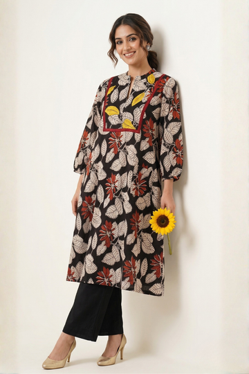 Black Flora Cotton Dress With Patch Pocket
