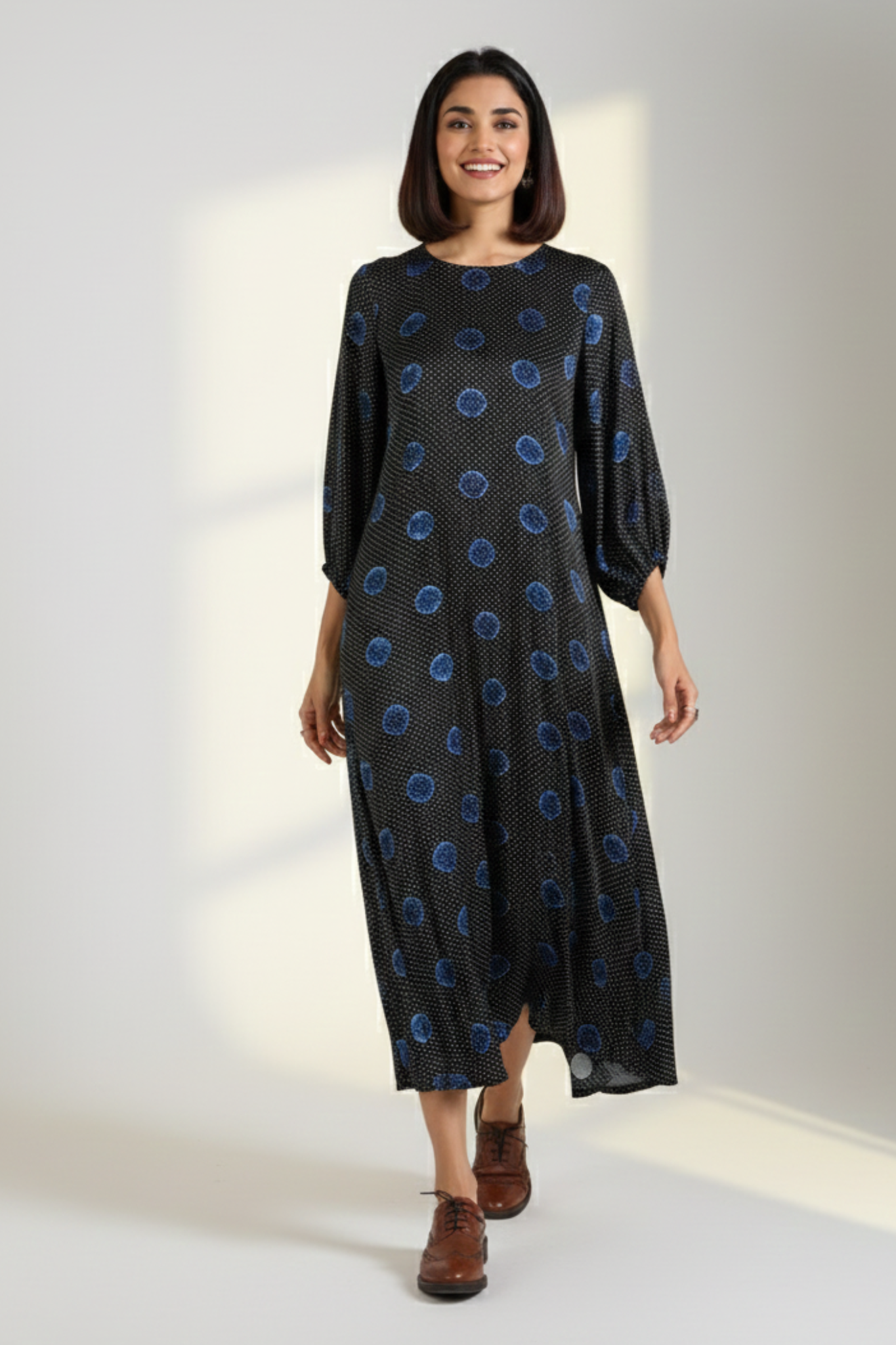 Noir Indigo Dots Luxe Ajrakh Peasant Sleeve Silk Dress