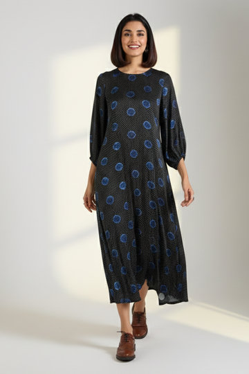 Noir Indigo Dots Luxe Ajrakh Peasant Sleeve Silk Dress