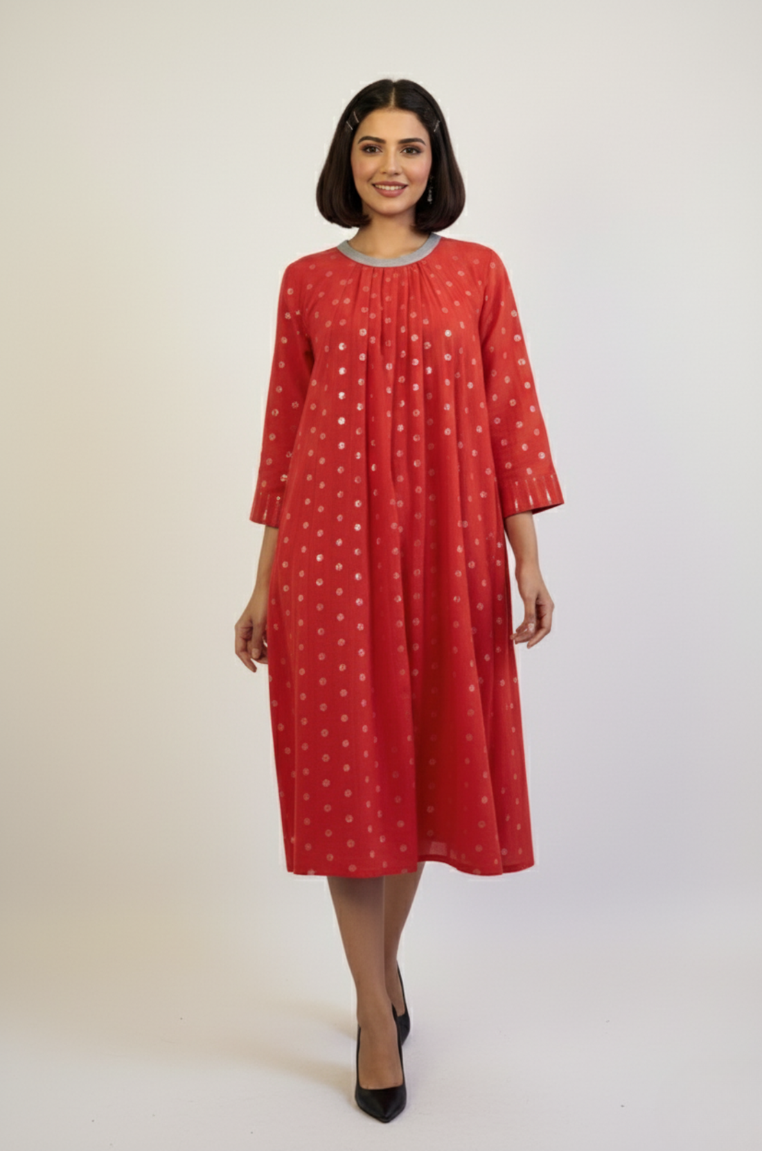 Crimson Spark Cotton Crew Neck Gather Dress