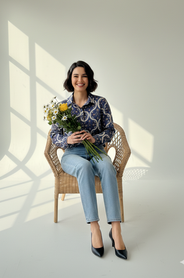 Tribal Blue Cotton Button Down Shirt