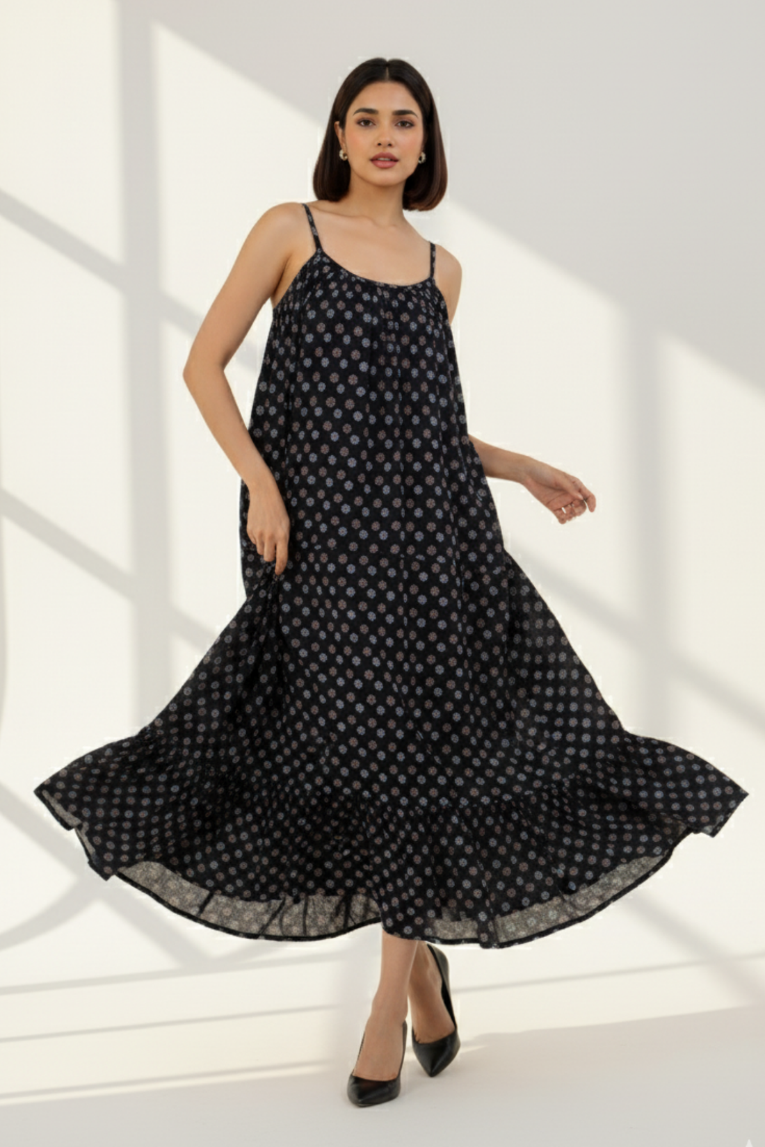 Monochrome Petals Long Ruffle Strap Dress