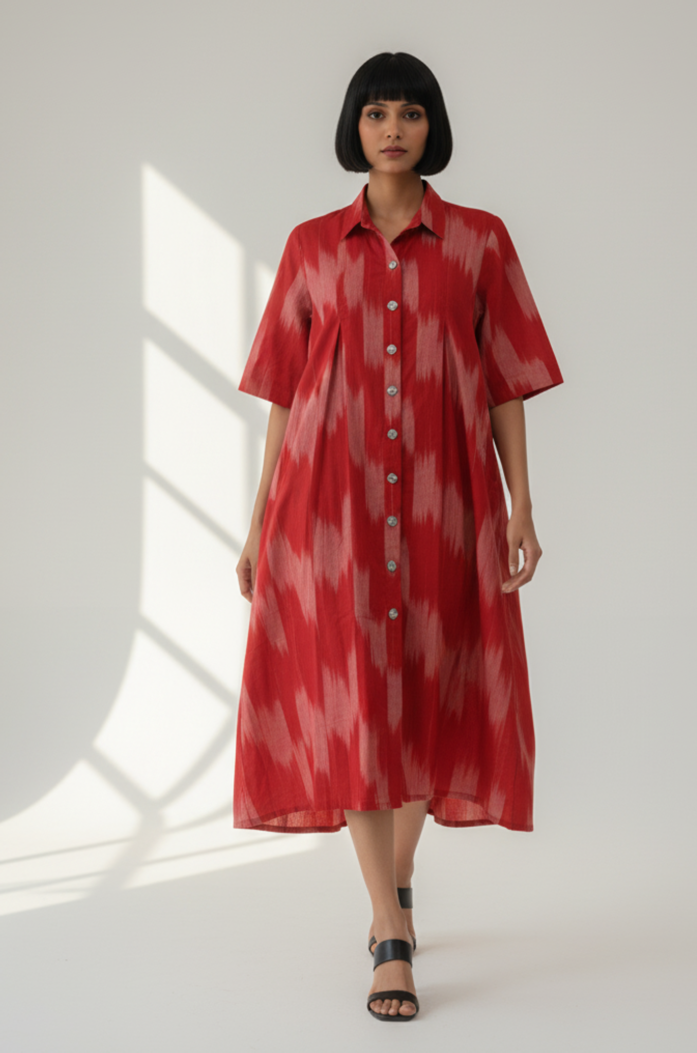 Ash Rose Cotton Ikat Box Pleat Button Down Shirt Dress
