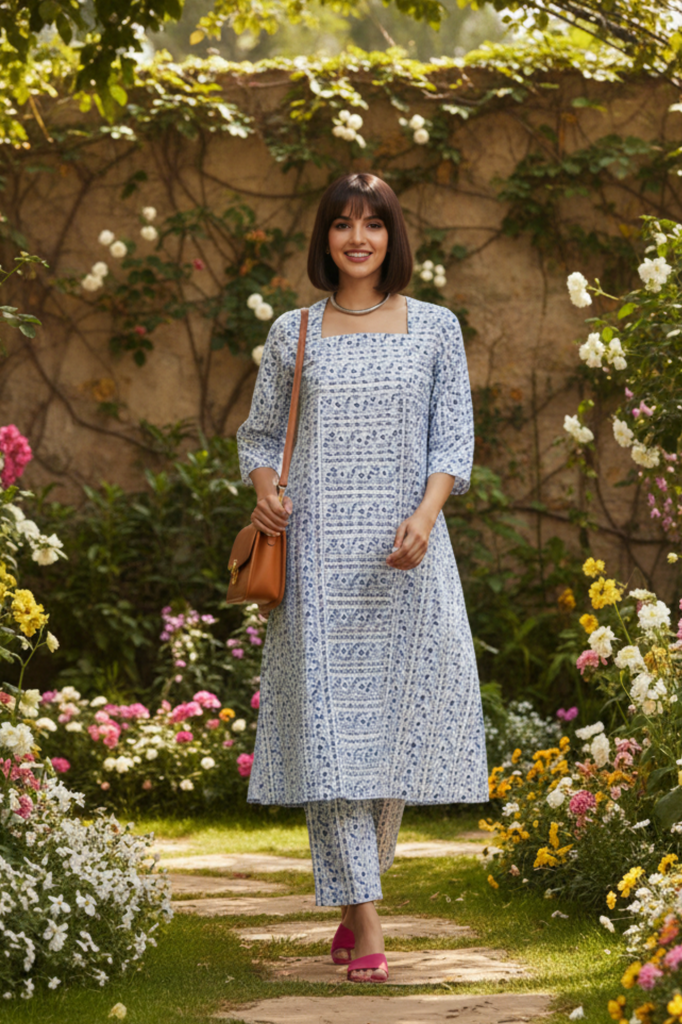 square neck paneled kurta - whispering skyline & azure bloom