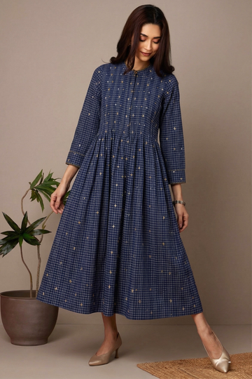 Moroccan Blue Butti Checks Cotton Infinity Pintuck Dress