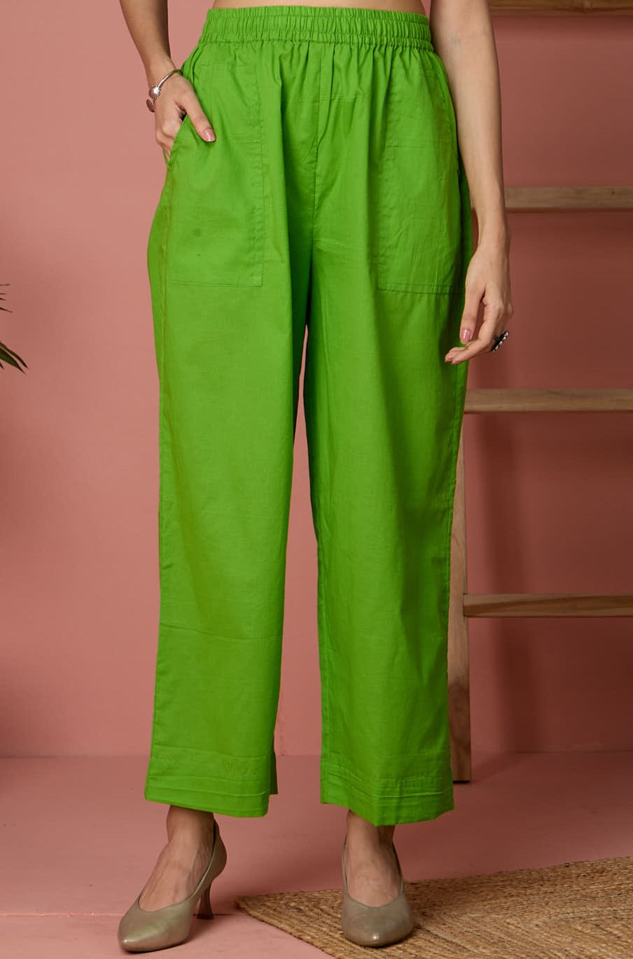 Comfort fit cotton pants - parrot green