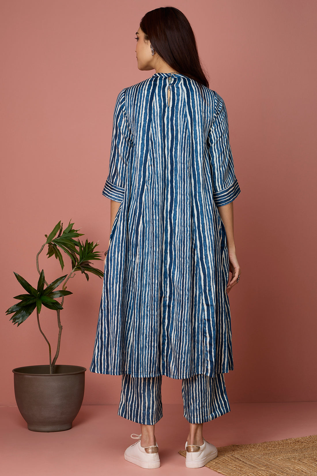 crew neck a-line gather dress - Azure Zephyr & Ivory Threads