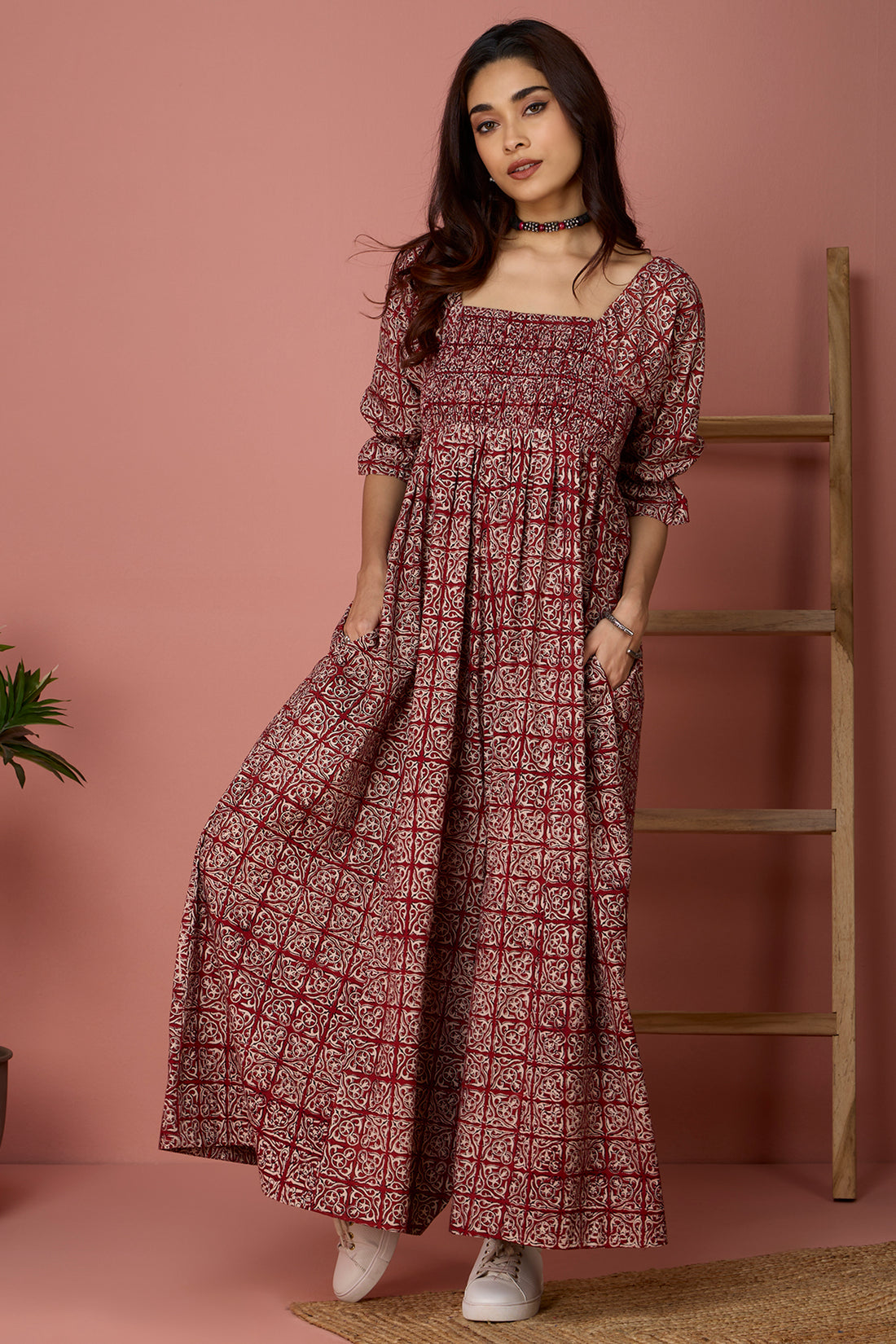 Off Shoulder smocked jumpsuit - Red & Filigree
