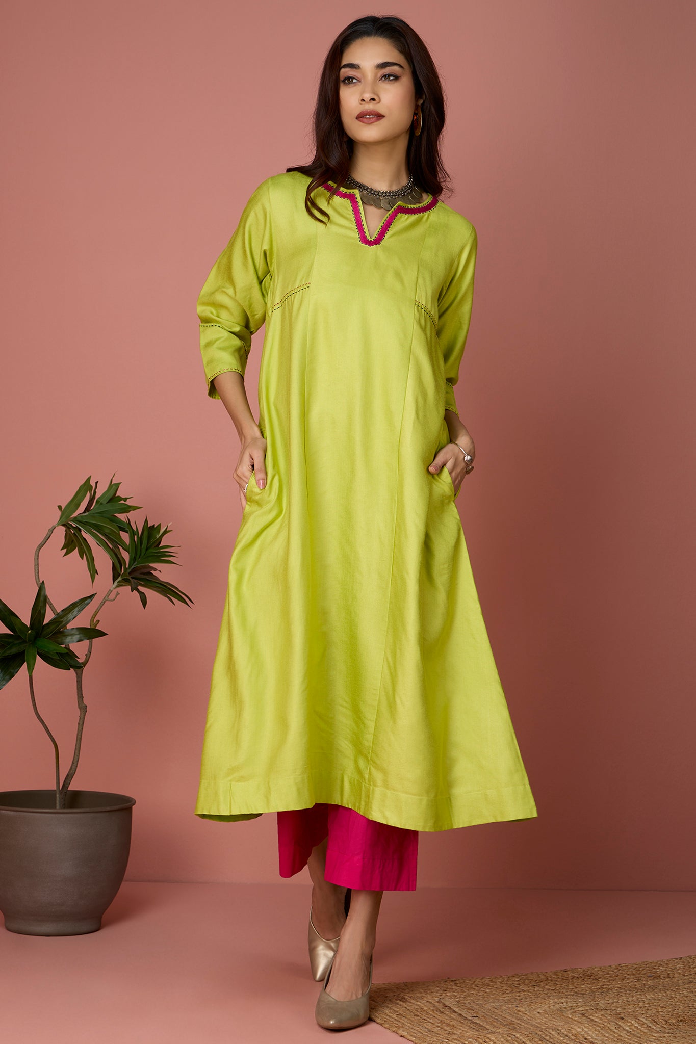 a-line panelled kurta with pockets - Limeade Delight & Rosy Citrine Hues