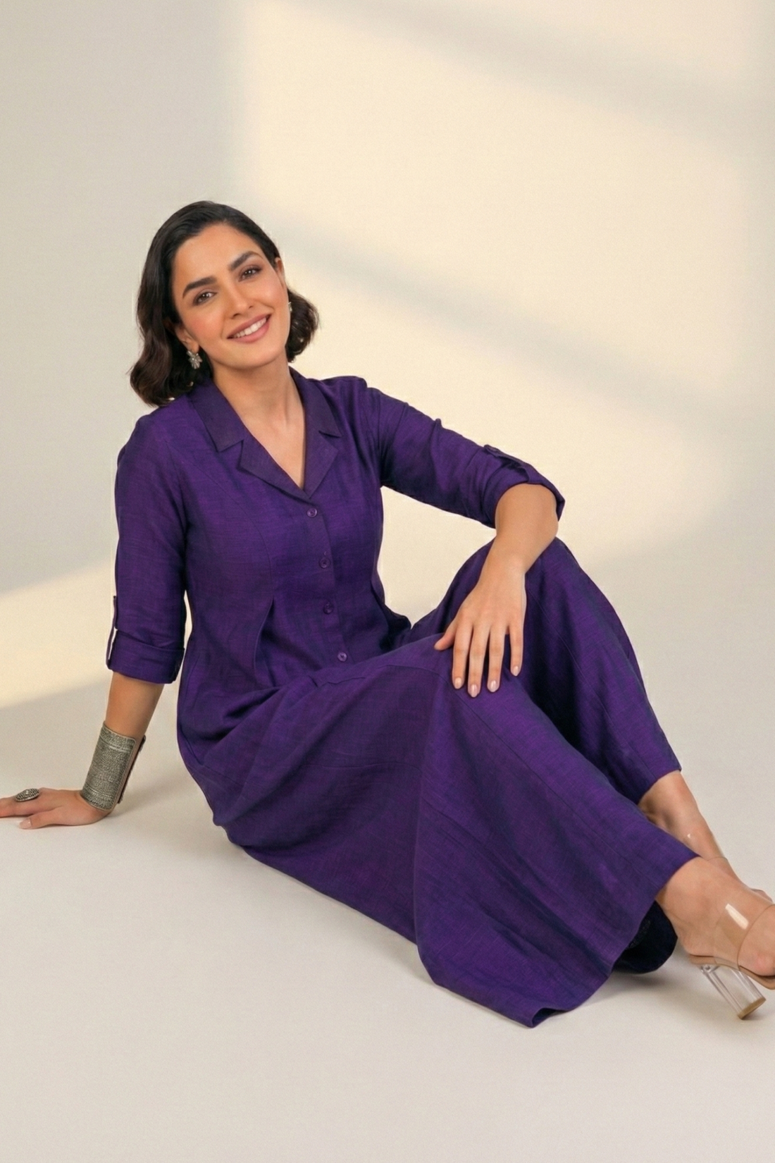Royal Amethyst Silk Slub Jumpsuit with Pockets & Collar