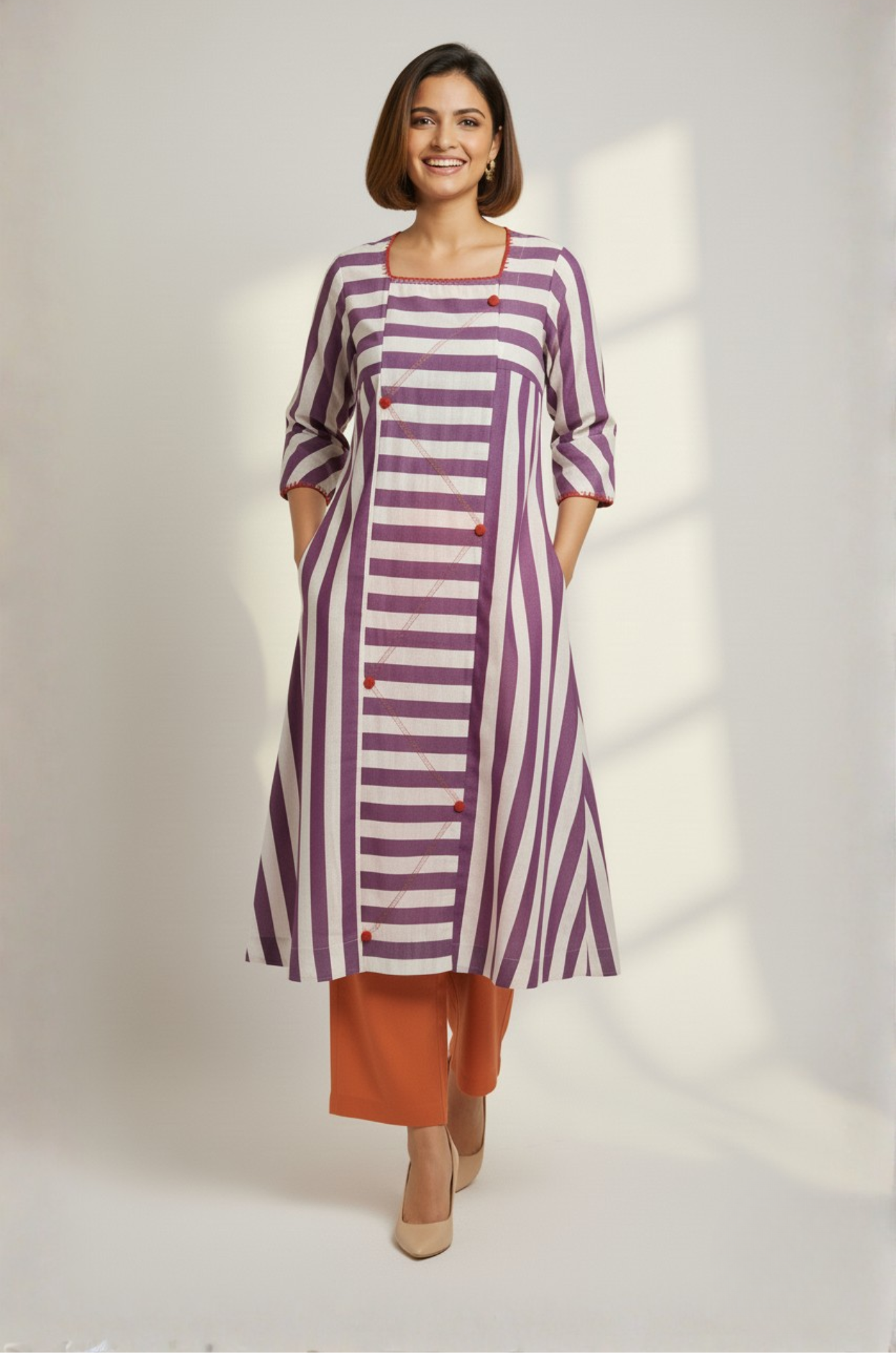 Lavender Stride Cotton Square Neck Panelled Long Kurta