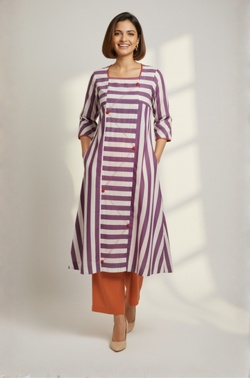 Lavender Stride Cotton Square Neck Panelled Long Kurta