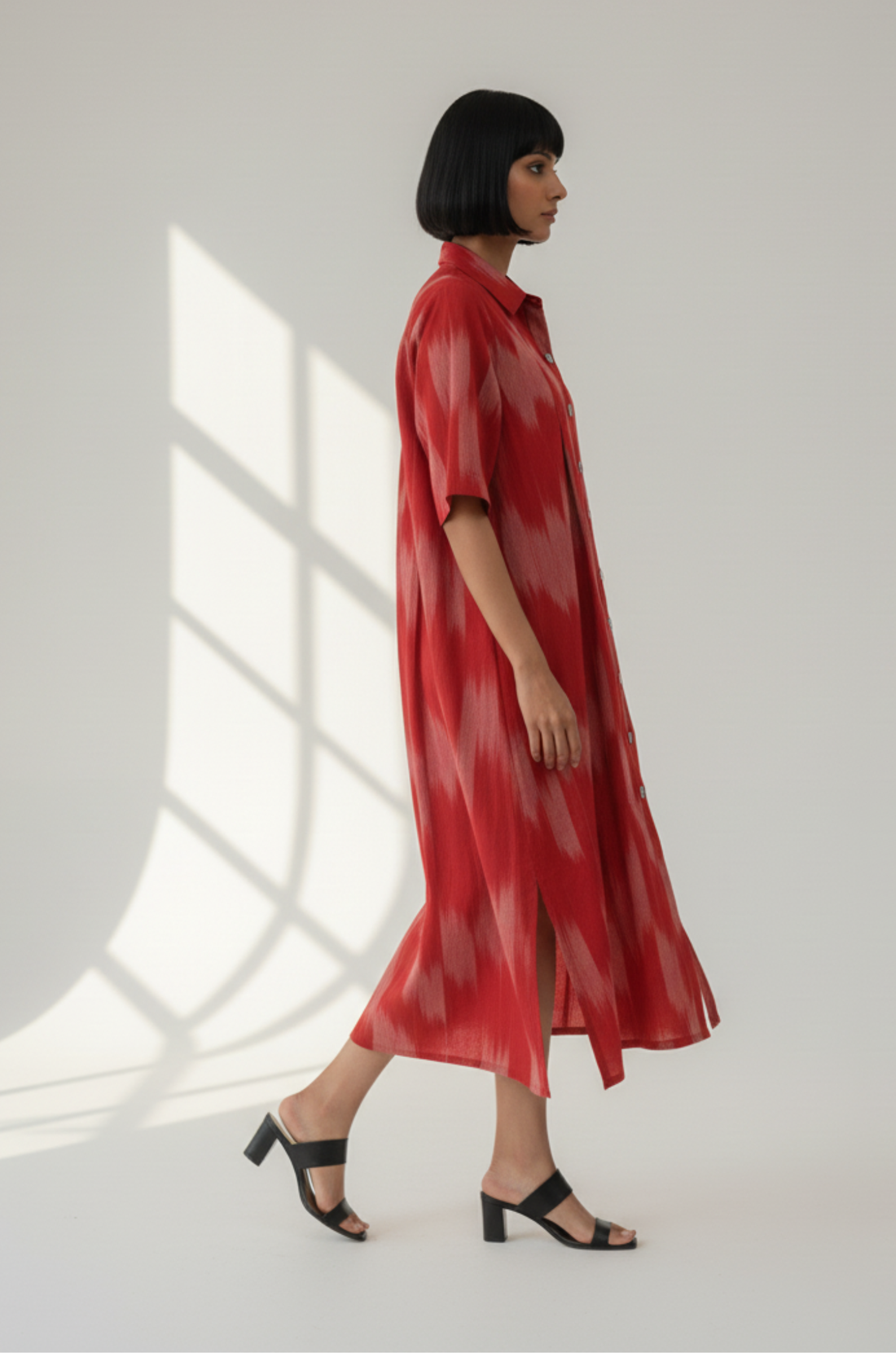 Ash Rose Cotton Ikat Box Pleat Button Down Shirt Dress