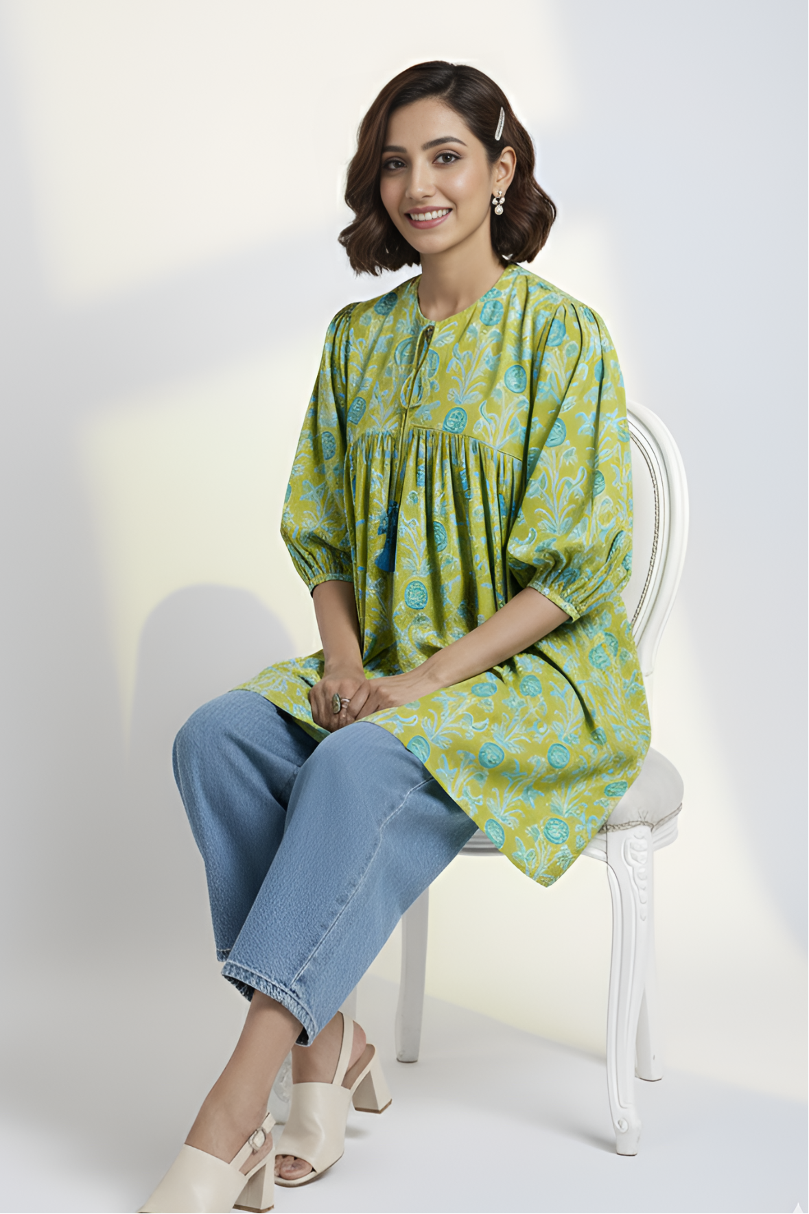 boho loose sleeve top - refreshing lime & enchanting botanics