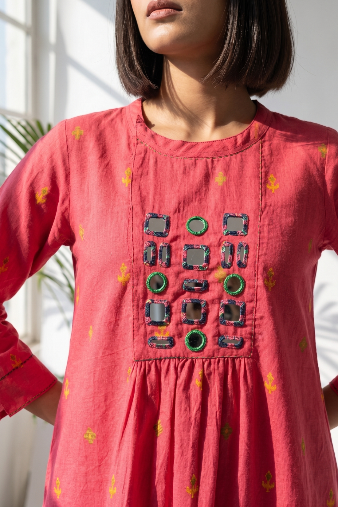 Pink Jewel Butti Zen Yoke Gather Cotton Kurta