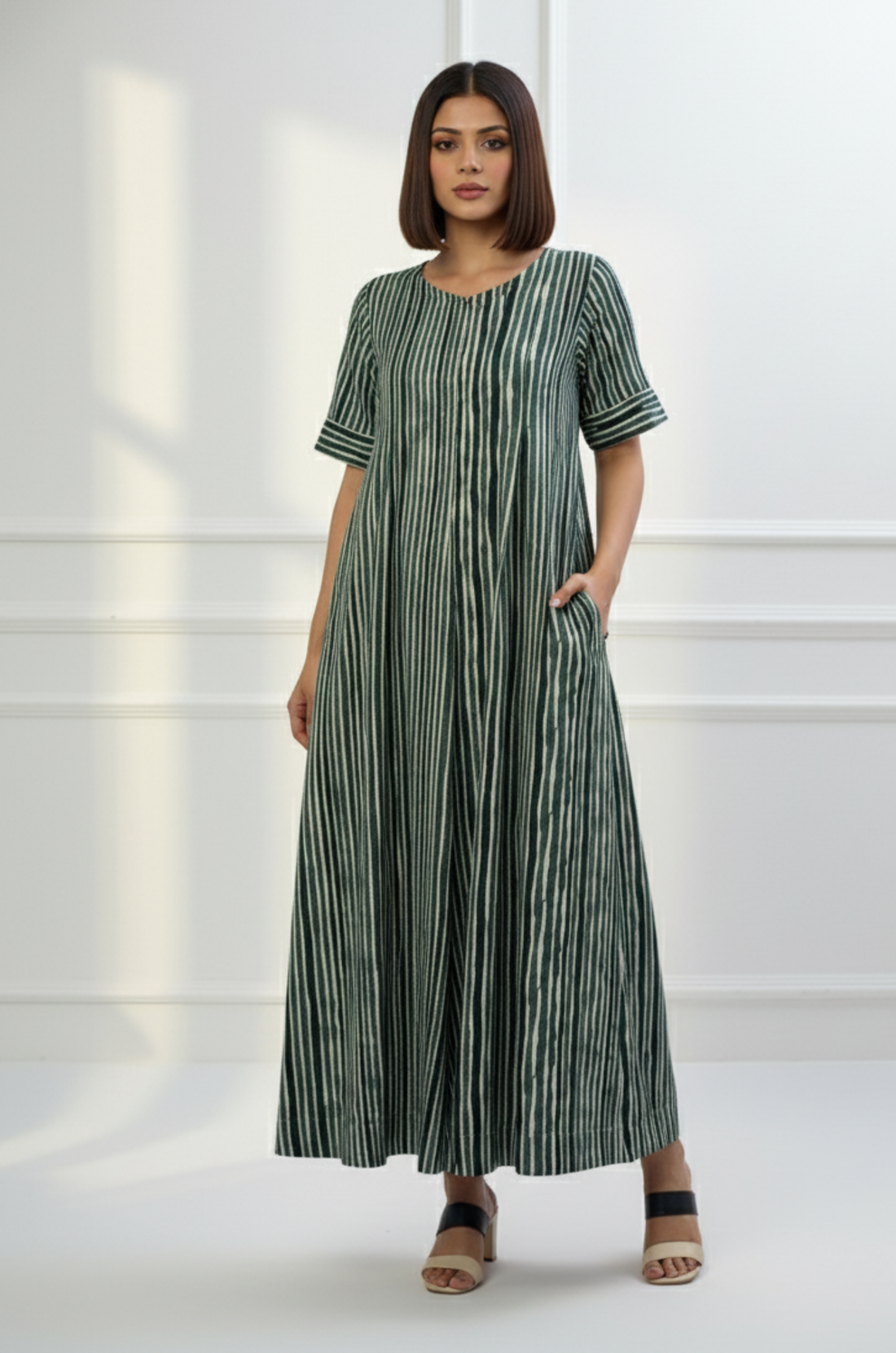 Jade Stripes Front Zipper Cotton Satin Jumpsuit with Pockets & Sleeves