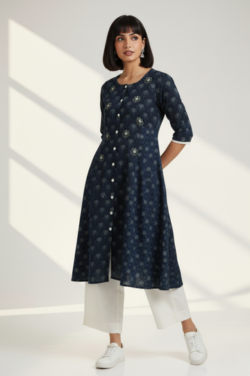 side panel a-line button down kurta - onyx glitter & green daylily