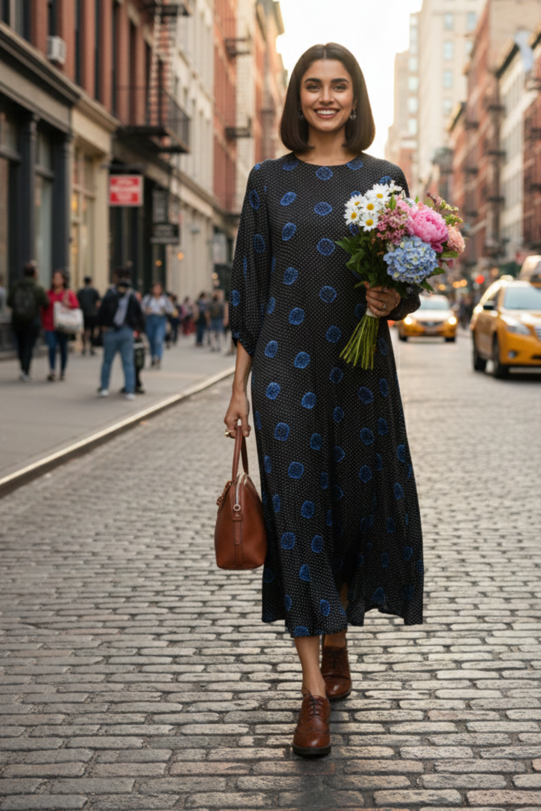 Noir Indigo Dots Luxe Ajrakh Peasant Sleeve Silk Dress