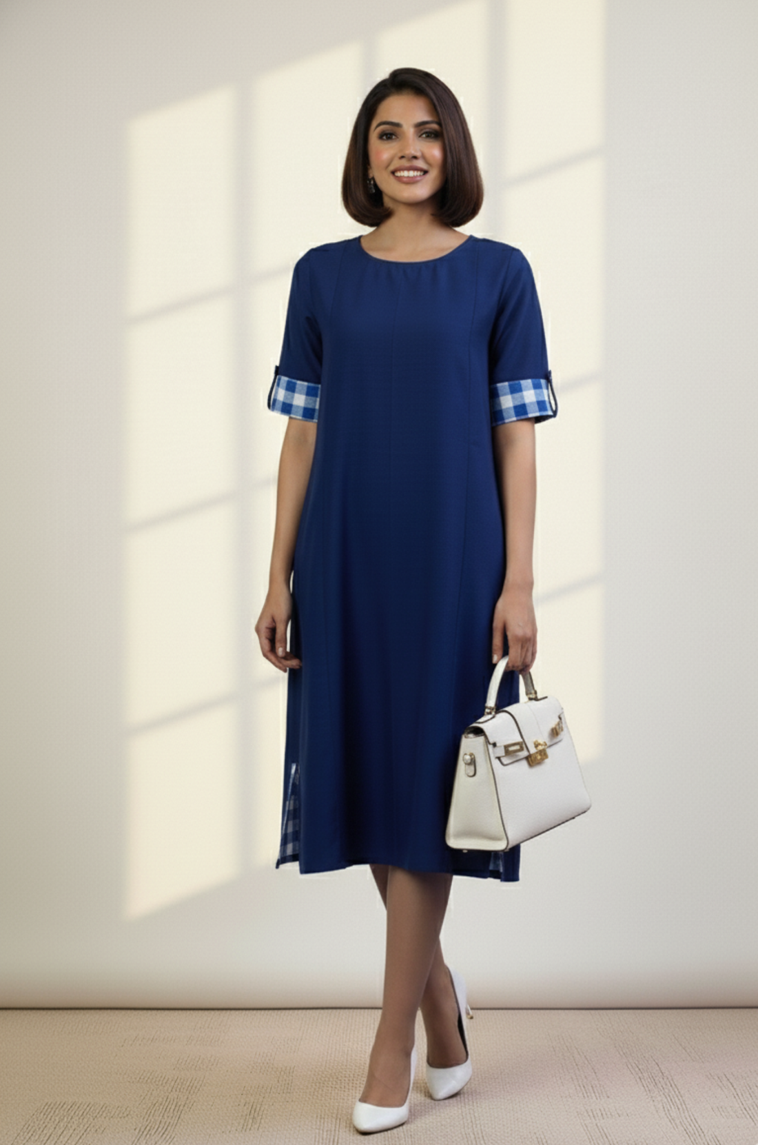 Sapphire Glow Silk Slub  Dress With Pockets
