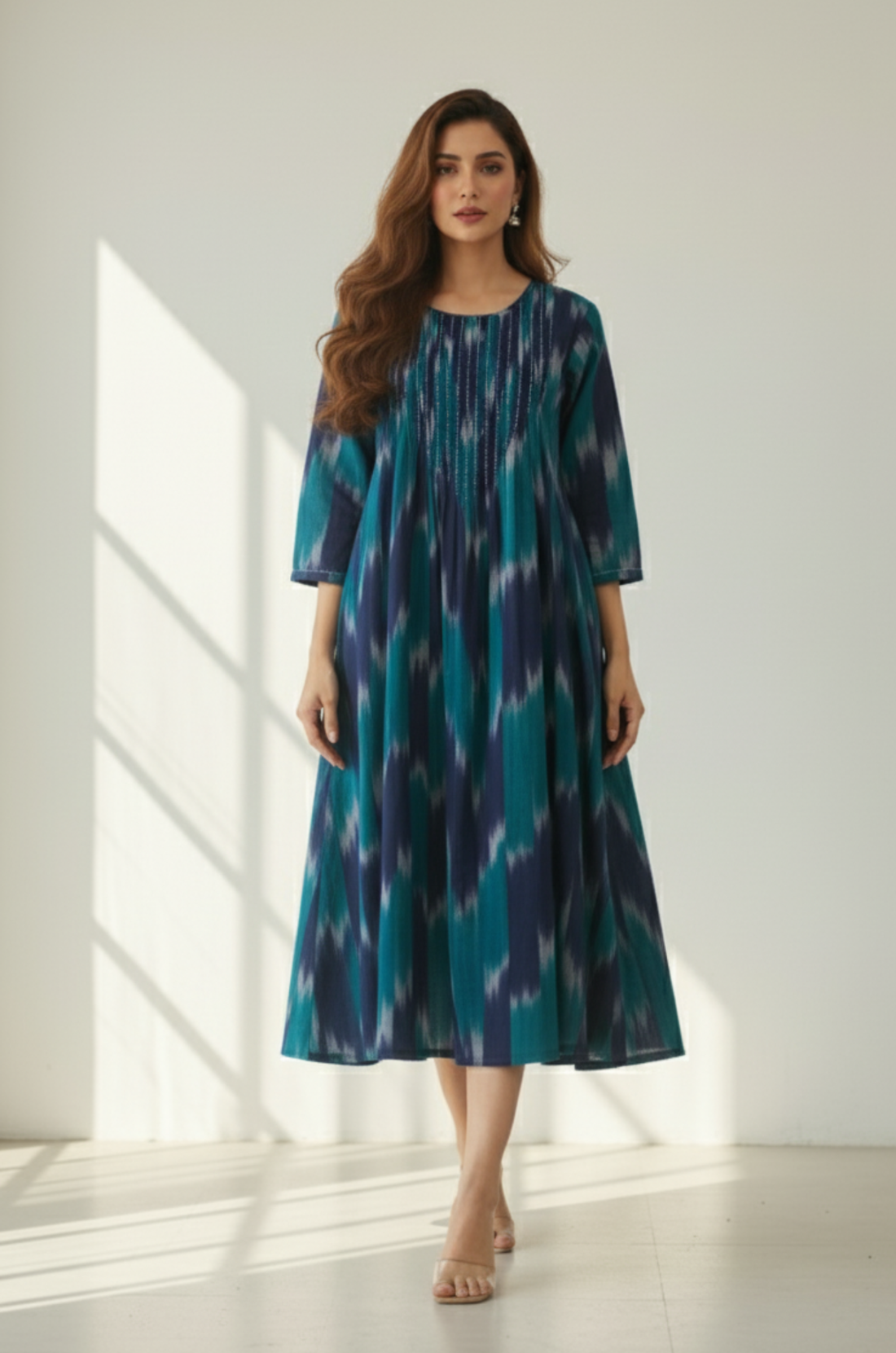 Teal Dusk Cotton Ikat Pintuck Long Dress