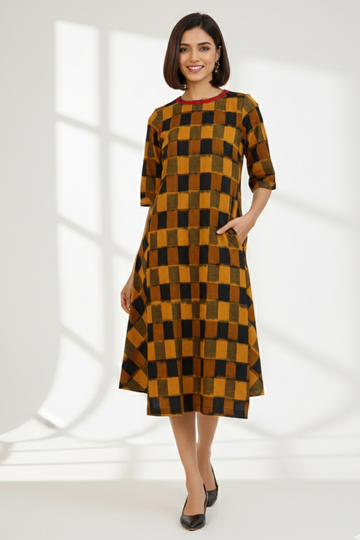 Golden Noir Checks Side Bias Shift Dress