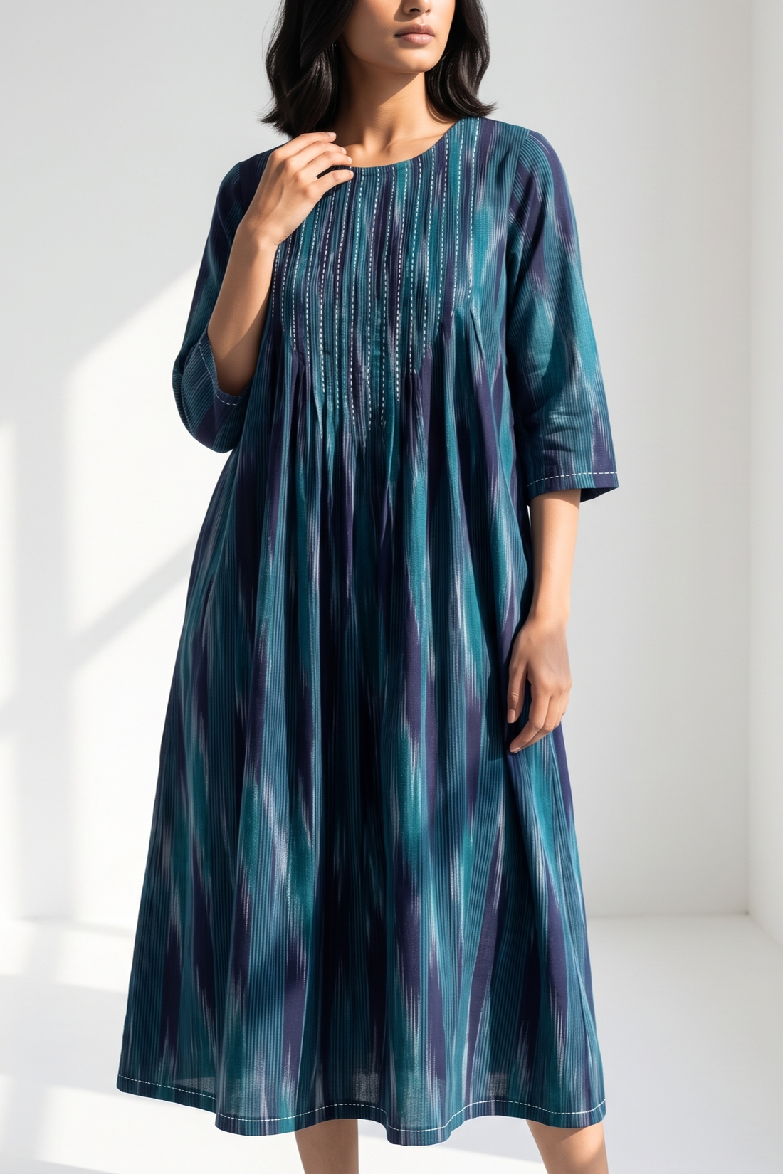 Peacock Weave Daimond Ikat Cotton Kurta With Pintuck